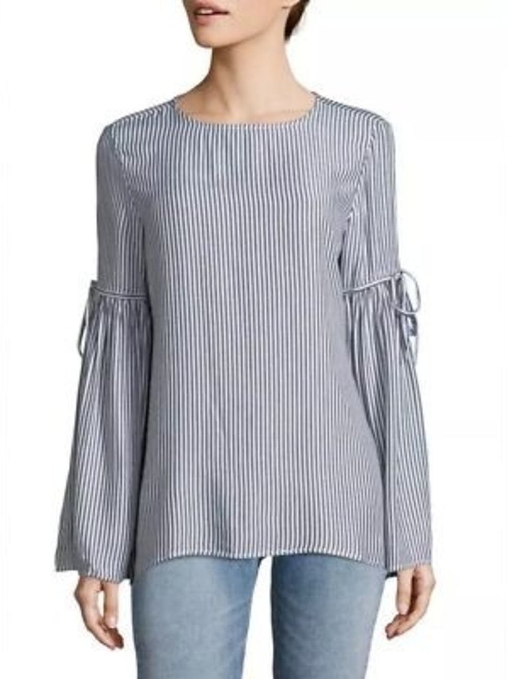 beachlunchlounge Navy & White Vertical-Stripe Tie-Sleeve Top